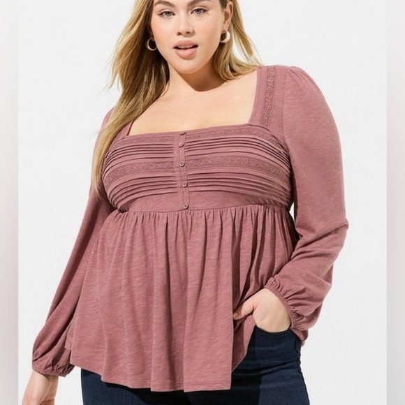 Torrid Cotton Boho Modal Slub Square Neck Rose Taupe Pintuck Babydoll Top, 1X - Picture 3 of 9